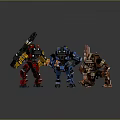 Three Colorful Robot Characters Featuring Mechanical Weapons And Animal Inspired Features In Red Blue Brown