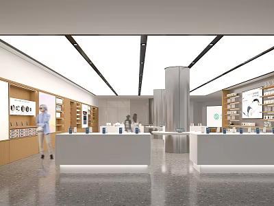 Bright Modern Digital Store Interior With Display Counters And Product Shelves 3d model