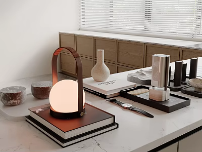 Modern Kitchen Interior With Marble Countertop Wooden Cabinets Table Lamp Vase Books And Knives 3d model