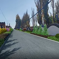 Garden Landscape With Scenic Road Flanked By Lush Trees Shrubs Flowers And Traditional Curved Walls