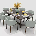 Modern Dining Table Set With Blue Gray Beige Chairs Vase Decor And Tableware 3d model