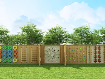 Outdoor Playground Equipment Featuring Wooden Climbing Wall Colorful Rings Ladder Net And Climbing Holds 3d model