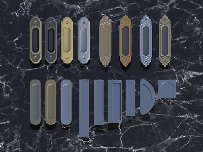 Various Styles Of Decorative And Simple Door Handles On Black Marble Surface 3d model