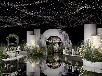 Elegant Wedding Decorations With String Lights Floral Arch And Reflective Floor 3d model