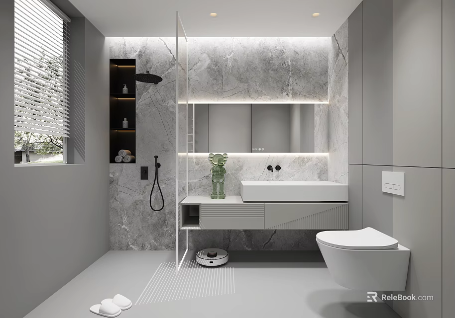 Modern Bathroom Interior With Marble Walls Vanity And Smart Toilet 3d model 
