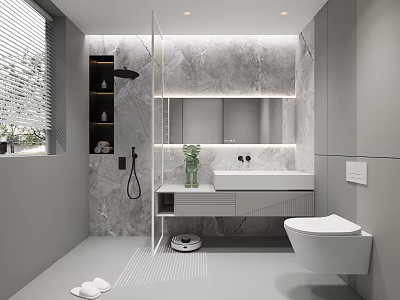 Modern Bathroom Interior With Marble Walls Vanity And Smart Toilet 3d model