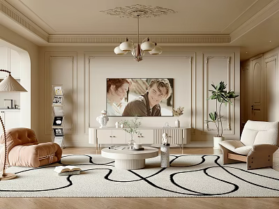 Elegant Living Room Interior With Chandelier Wall Art Sofa Coffee Table And Area Rug 3d model