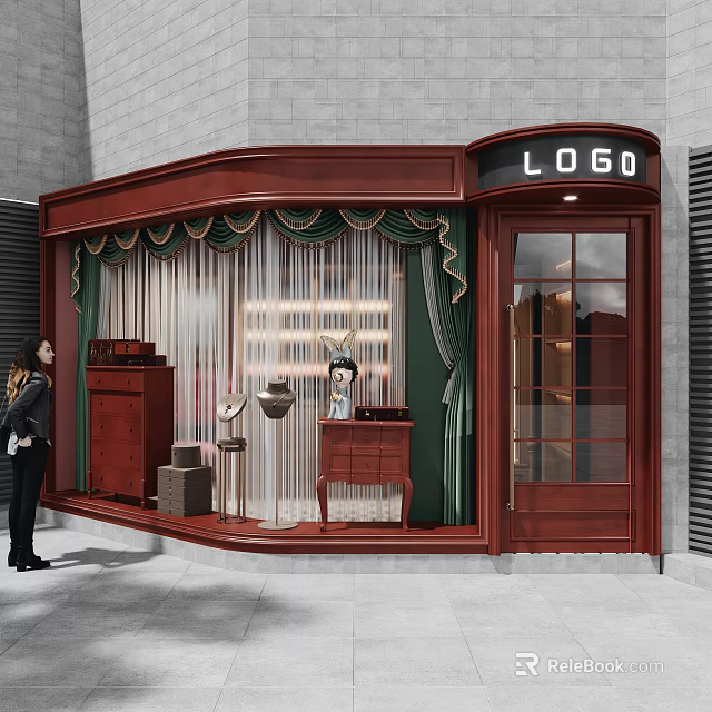 Red Curved Shop Window Display with Green Curtains Furniture Decorative Items and Passerby Viewing 3d model 
