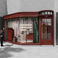 Red Curved Shop Window Display with Green Curtains Furniture Decorative Items and Passerby Viewing