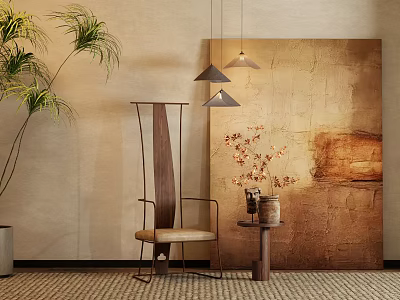 Modern Single Chair With Wooden Frame Leather Cushion Art Painting Hanging Lights Potted Plant 3d model