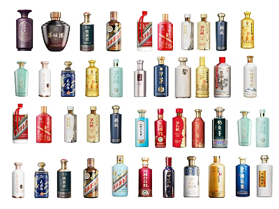 Various Colorful Liquor Bottles With Different Designs Arranged In Display Rows 3d model