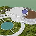Modern Circular Cultural Center Building With Metal Mesh Exterior And Surrounding Pool Greenery 3d model