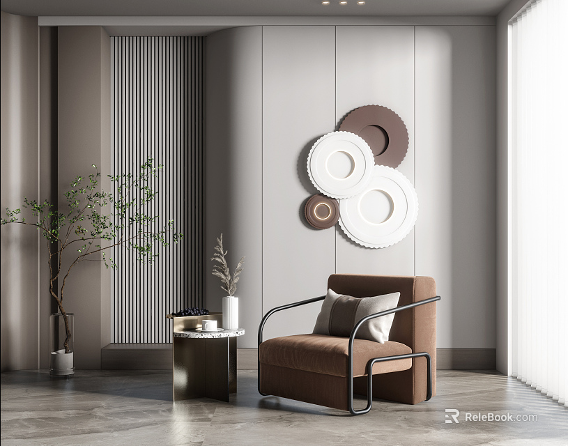 Modern Brown Single Seater Sofa Interior With Decorative Plates Side Table And Green Plant 3d model 