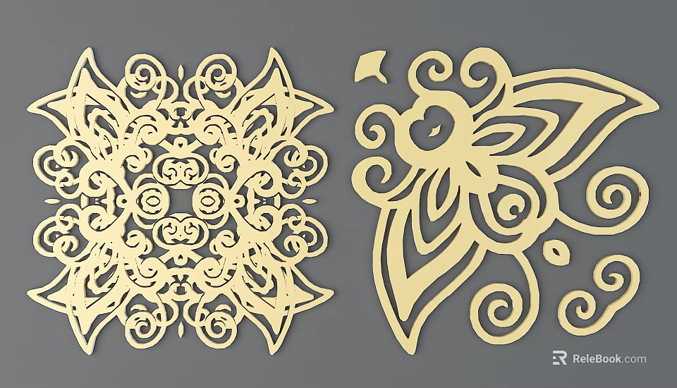 Intricate Carved Decorative Patterns With Floral And Butterfly Motifs On Gray Background 3d model 