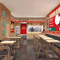 Chinese Restaurant Interior With Wooden Decor Red Signage Counter Tables And Chairs