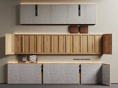 Modern Minimalist Bedroom Accent Wall Design With Wooden Cabinets And Woven Texture 3d model