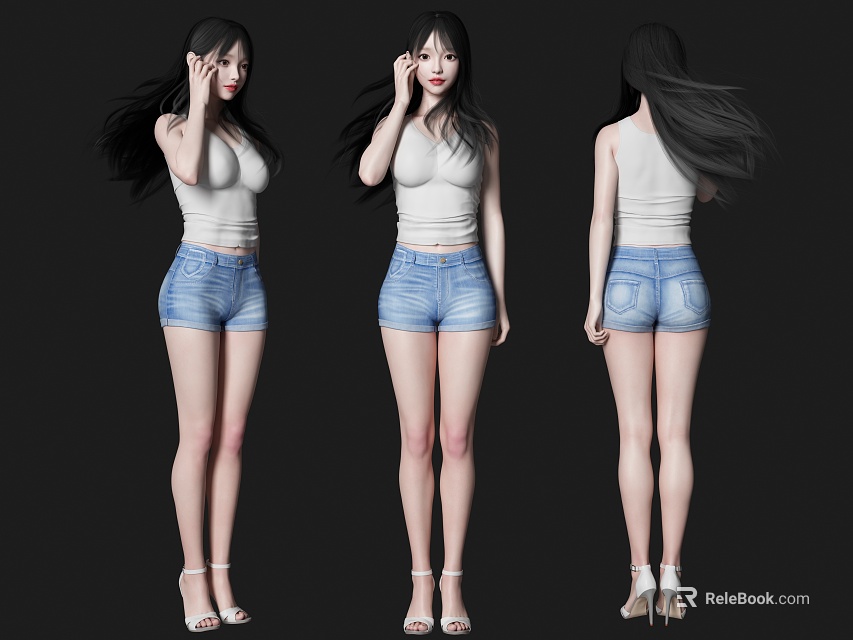 Woman in White Tank Top Blue Denim Shorts with Long Hair High Heels Three Angles 3d model 