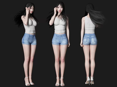 Woman in White Tank Top Blue Denim Shorts with Long Hair High Heels Three Angles 3d model