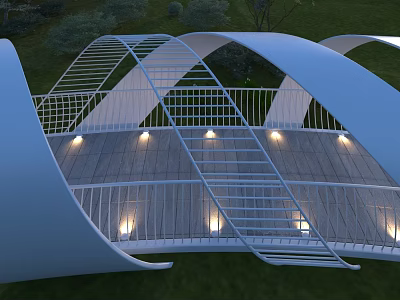 Modern Landscape Sculpture with Curved White Structure Metal Railings and Wooden Platform Illuminated Lights 3d model