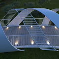 Modern Landscape Sculpture with Curved White Structure Metal Railings and Wooden Platform Illuminated Lights