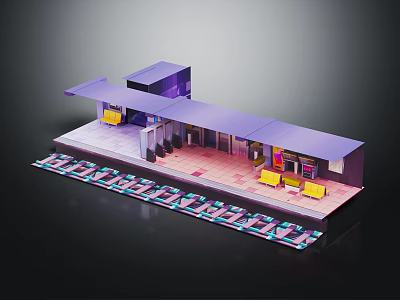 Modern Station Design With Extended Platform Purple Roof And Yellow Seating Areas 3d model
