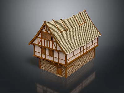 Traditional Half Timbered Building With Tiled Roof Stone Brick Walls Wooden Frame Windows And Door 3d model