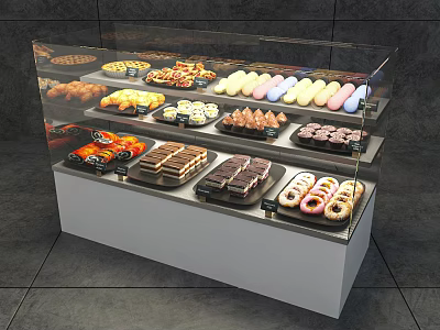 Assorted Dessert Display With Donuts Macarons Cakes And Pastries In Glass Showcase 3d model