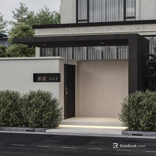 Elegant Modern Storefront Entrance With Black Door White Wall And Green Shrubs 3d model 