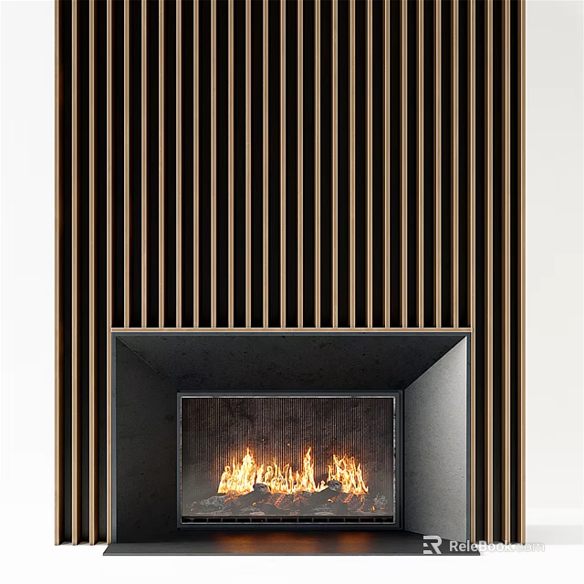 Modern Fireplace Interior Design With Vertical Slats Decor And Burning Fire 3d model