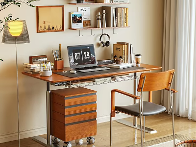 Modern Desk with Laptop Headphones Coffee Cup Books Chair And Rolling Drawer Cabinet 3d model