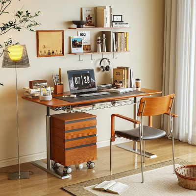 Modern Desk with Laptop Headphones Coffee Cup Books Chair And Rolling Drawer Cabinet 3d model