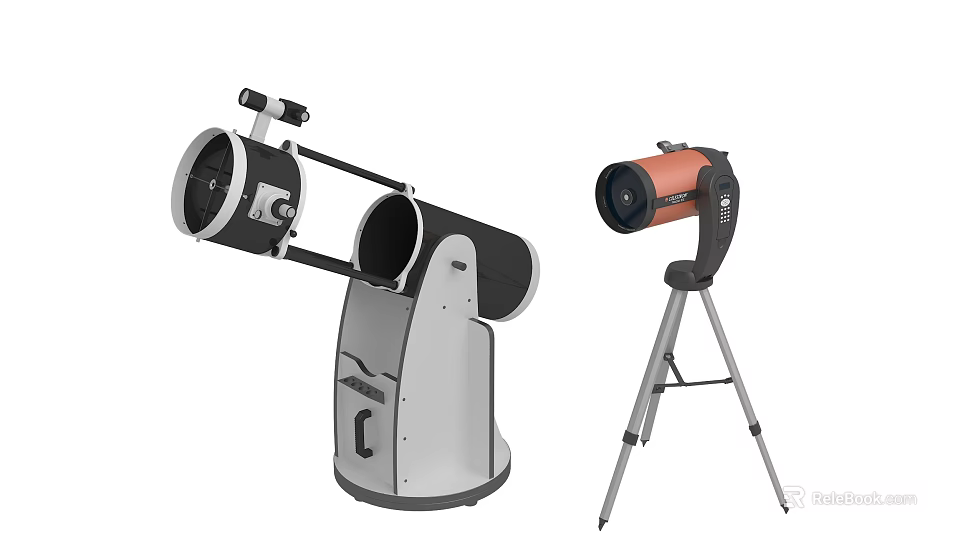 Two Telescopes Reflector And Refractor With Tripod White Black Orange 3d model 