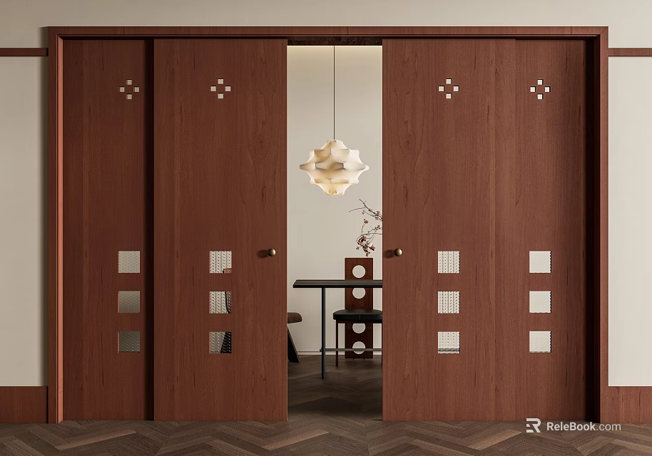 Modern Wooden Sliding Doors With Decorative Glass Panels In Interior Space With Pendant Light 3d model 