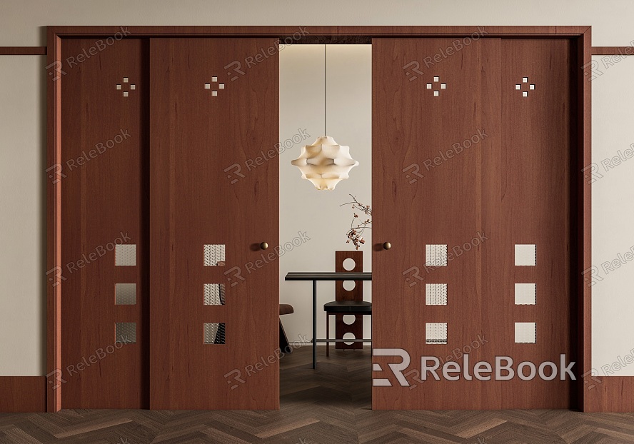 Quiet Ancient Sliding Door Sliding Door Partition Dining Table and Chair Chandelier Folding Door model