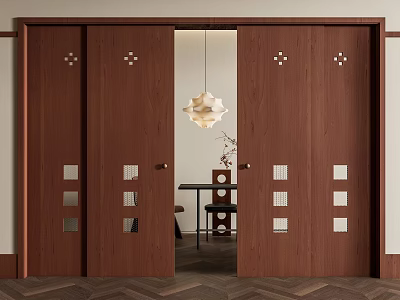 Modern Wooden Sliding Doors With Decorative Glass Panels In Interior Space With Pendant Light 3d model