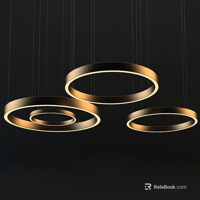 Three Modern Golden Circular Chandeliers Illuminated Hanging Rings with Glow 3d model 