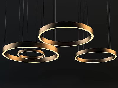 Three Modern Golden Circular Chandeliers Illuminated Hanging Rings with Glow 3d model