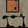Elegant Console Table With Vase Twigs Fruit Bowl On Beige Wall And Orange Painting