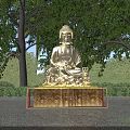 Silver Buddha Sculpture on Golden Pedestal in Outdoor Garden with Trees and Greenery