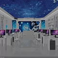 School Technology Classroom With Blue Starry Sky Ceiling Projector Bookshelves Computers and White Desks Chairs