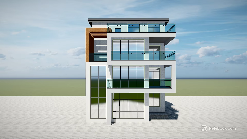 Modern Detached Villa With Multi Story Design Balconies Large Glass Windows And Glass Railings 3d model 