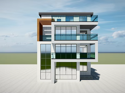 Modern Detached Villa With Multi Story Design Balconies Large Glass Windows And Glass Railings 3d model
