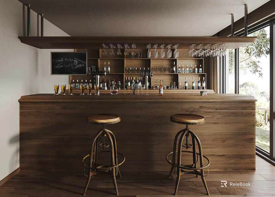 Rustic Bar Counter with Bar Stools Wine Bottles Chalkboard Menu Large Window and Natural View 3d model 