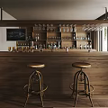 Rustic Bar Counter with Bar Stools Wine Bottles Chalkboard Menu Large Window and Natural View