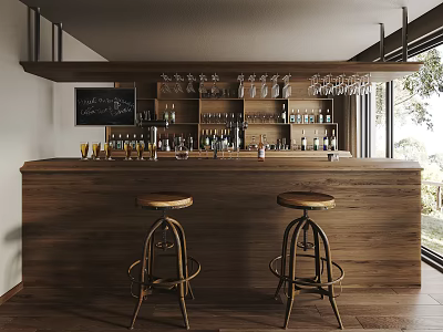 Rustic Bar Counter with Bar Stools Wine Bottles Chalkboard Menu Large Window and Natural View 3d model