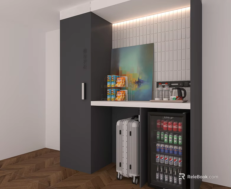 Gray Modern Wardrobe Design With LED Strip Lighting And Wall Art Decor 3d model 