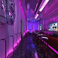 Purple Indoor Space With Circular Starry Sky Ceiling Curved Walls Shiny Black Floor And Sculpture