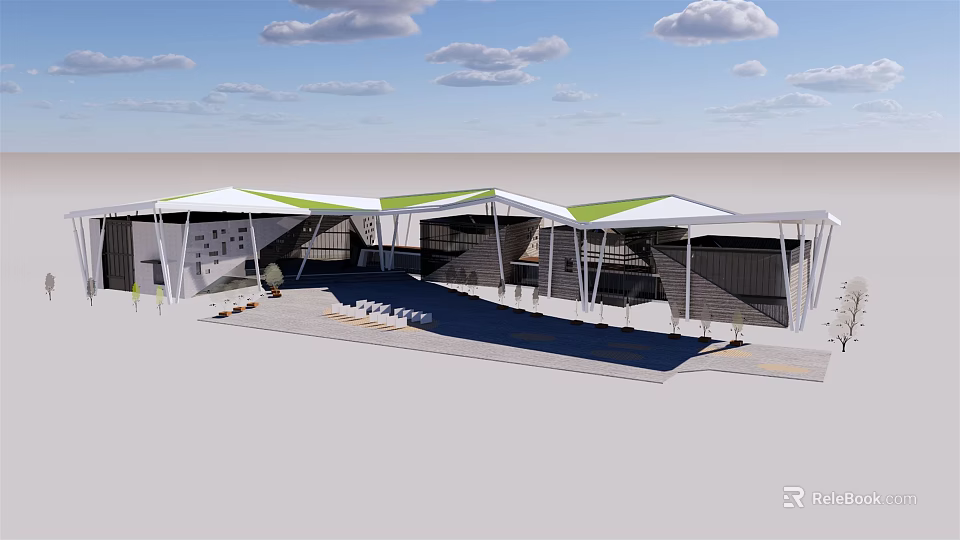 Outdoor Architectural Structure Featuring White Canopies Green Edges And Support Frames Under Blue Sky 3d model 