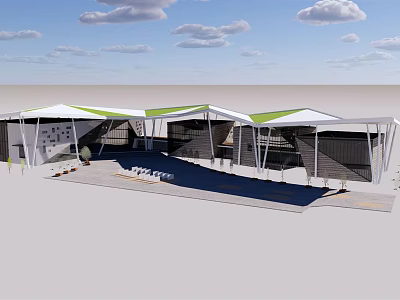 Outdoor Architectural Structure Featuring White Canopies Green Edges And Support Frames Under Blue Sky 3d model