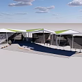 Outdoor Architectural Structure Featuring White Canopies Green Edges And Support Frames Under Blue Sky